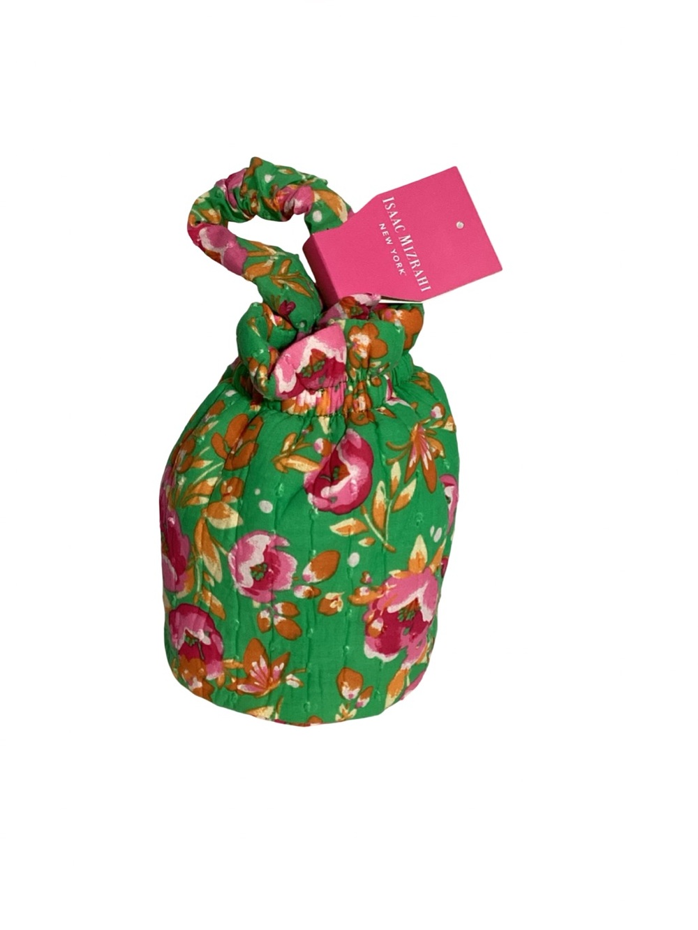Isaac Mizrahi Small Green & Pink Floral Cotton Ditty Bucket Bag NEW